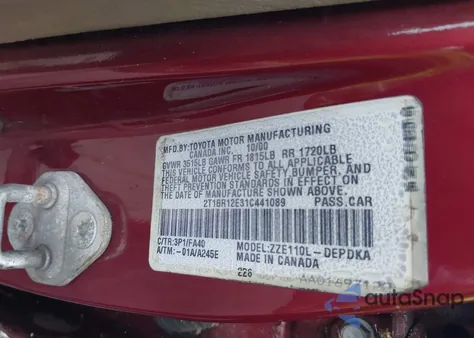 2001 Toyota Corolla Le from USA, damaged, VIN 2T1BR12E31C441089